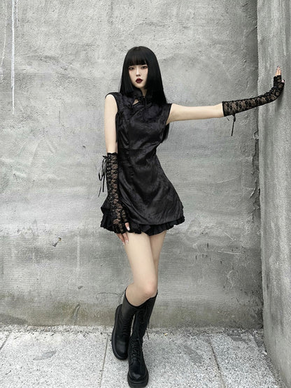 Gothic schwarze fingerlose Handschuhe mit Schnürdetail