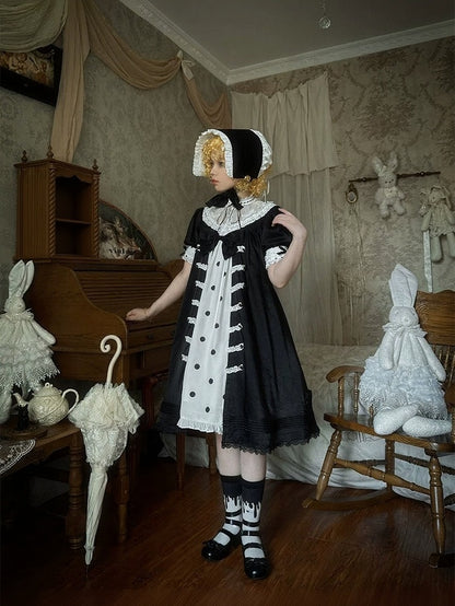 Vintage Gothic Puff Sleeve Lolita Doll Dress with Polka Dot and Lace - Charing Cross
