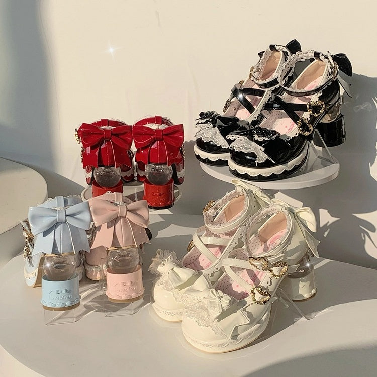 White Sweet Lolita Platform High-heel Mary Janes Cake Heel Bow Heart Buckle - Vintage Sweetheart