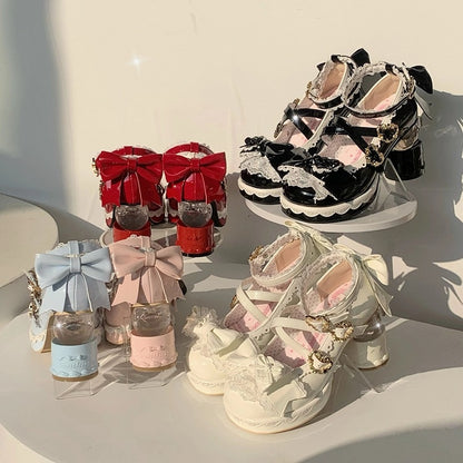 White Sweet Lolita Platform High-heel Mary Janes Cake Heel Bow Heart Buckle - Vintage Sweetheart