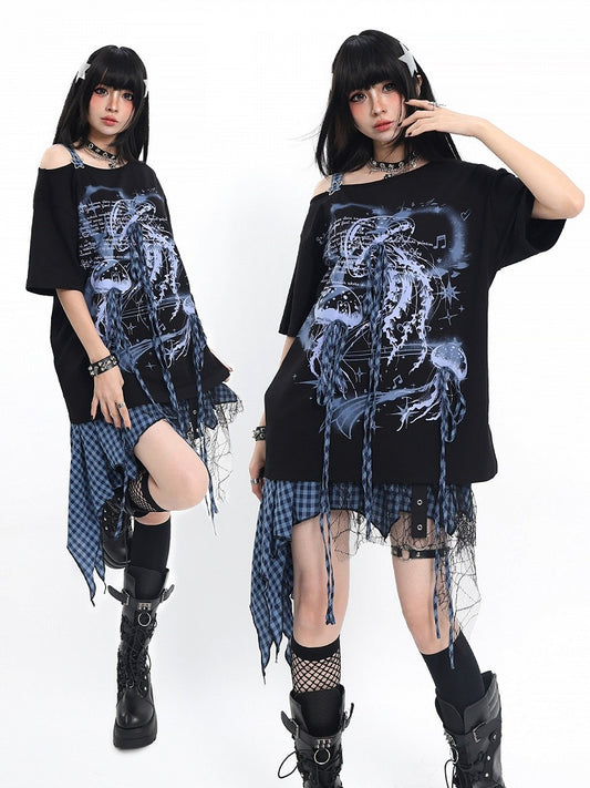 Asymmetrical Tee with Jellyfish Print and Bows - Catwish