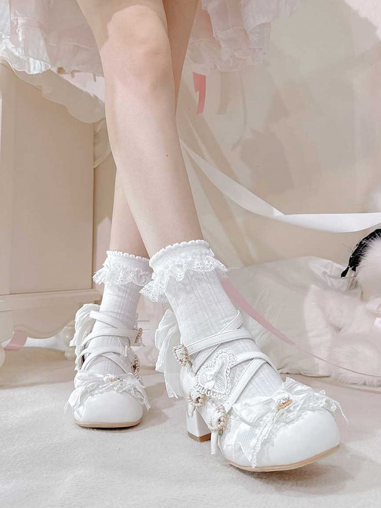 Lolita Crisscross Schnalle Heels 5CM Bowknot Design Details Herz Schuhe Block Weiß Straps Süße