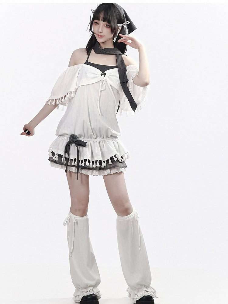 White Faux Two-Piece Flutter Sleeve Top with Tassels - PINK SAVIOR