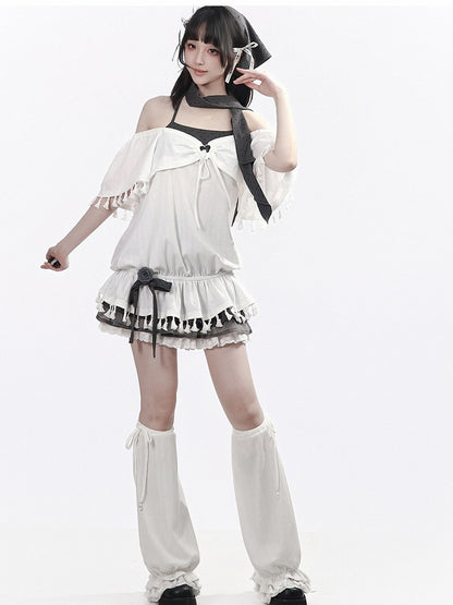 White Faux Two-Piece Flutter Sleeve Top with Tassels - PINK SAVIOR