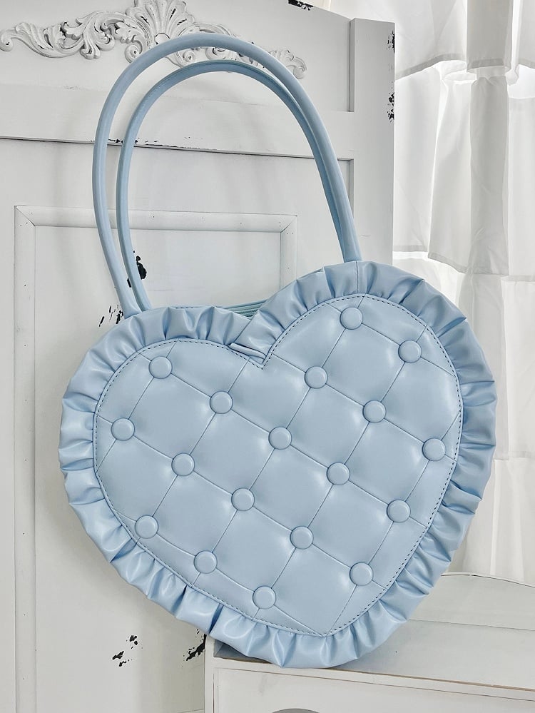 Handtasche in Herzform und Steppraute mit blauen Lolita-Kanten und Rüschen