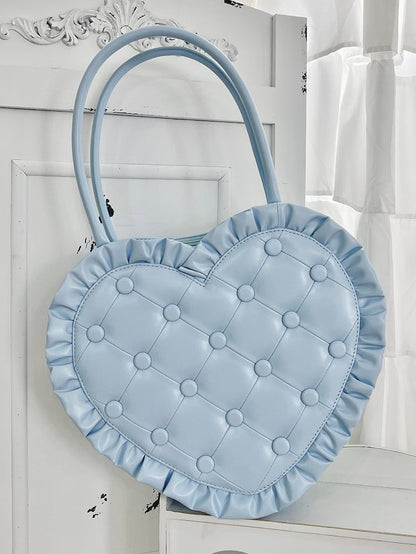 Handtasche in Herzform und Steppraute mit blauen Lolita-Kanten und Rüschen