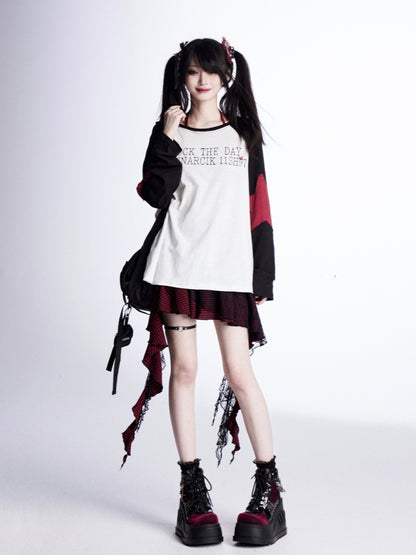 Lockere Oberteilärmel, schwarz-weißes Colorblock-Design, Sternapplikationen