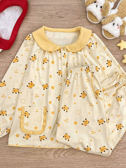 Yellow Mango Print Loungewear Set with Peter Pan Collar - Tan Tuan