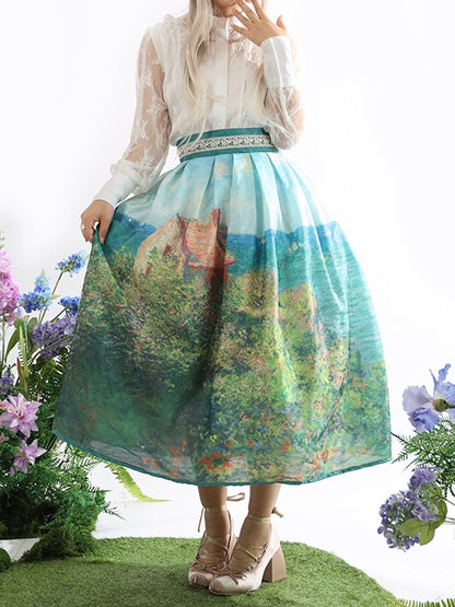 ロング/ショートハイバージョンウエストスカートフィッシャーマンズコテージ油絵プリントグリーン