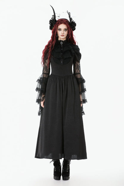 Black Stand Collar Trumpet Sleeve Lace Wedding Gothic Dress