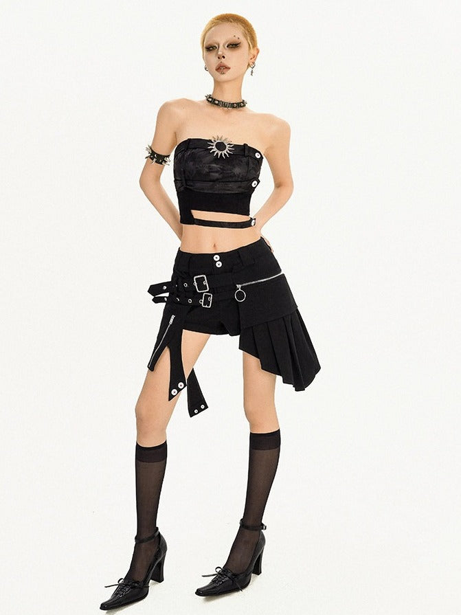 Black Punk Metal Buckle Shorts with Asymmetrical Skirt Hem