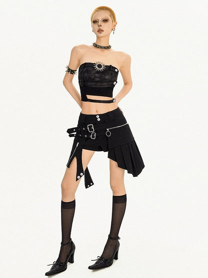 Black Punk Metal Buckle Shorts with Asymmetrical Skirt Hem