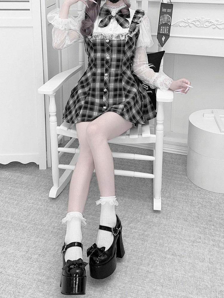 in White Blue/Black Top Light Jirai Juliet Kei Plaid Matching Set: Shorts and Sleeve