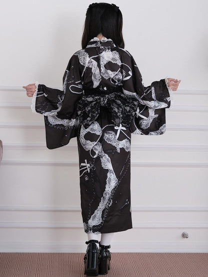 Black Yukata-Inspired Jirai Kei Lace Print Cross Collar Top with Lace Details - No Genki