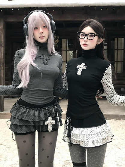 - Neck Polka-dot Pattern High Long Black Top Gothic Sleeve