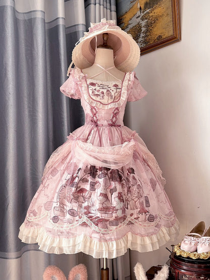 Taille gewellt rosa Trim Bunny Edge Prinzessin Kleid Rock Lolita Print Rüschen Baskisch