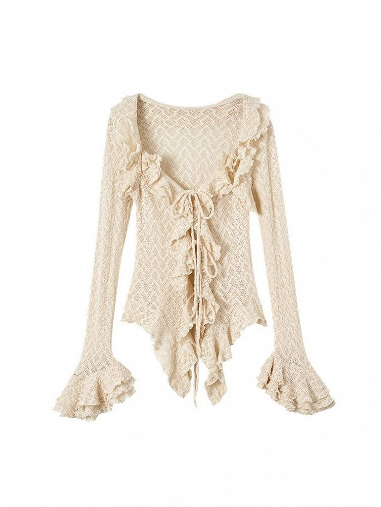 Drawstring Bell Detail Vintage with Ruffle Apricot Sleeves Blouse