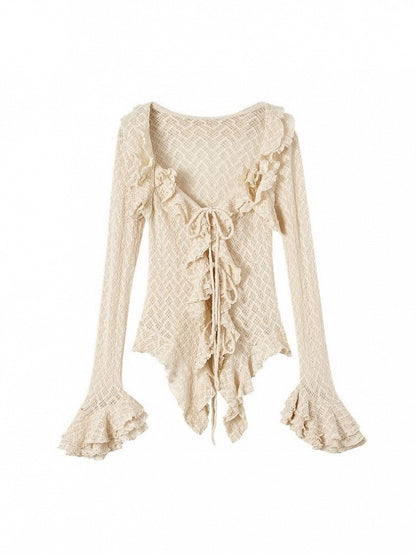 Drawstring Bell Detail Vintage with Ruffle Apricot Sleeves Blouse