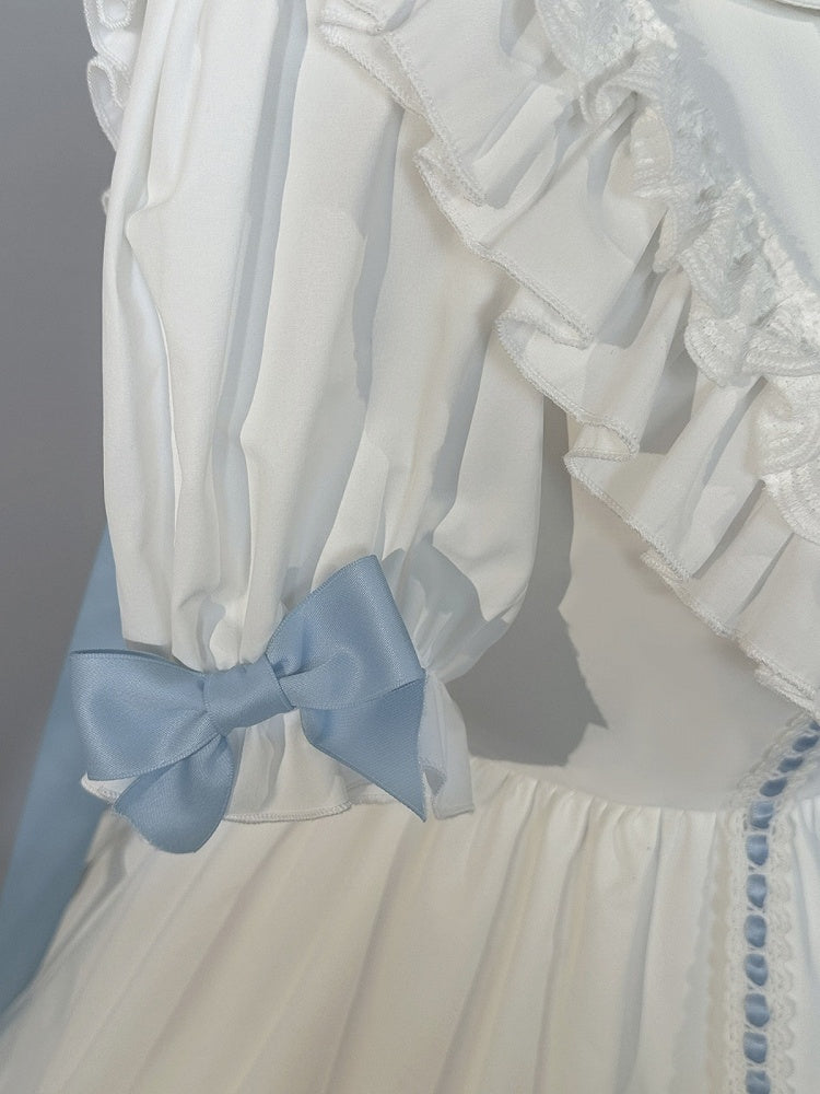Short Sleeve Sweet Lolita OP with Bow Accent & Ruffle Details in Blue & White - MUYU