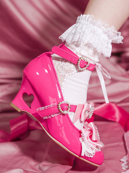 Fashion Heels Gyaru Wedge Barbie Janes Kei Jirai Mary Heart Cut-out Pink Shoes