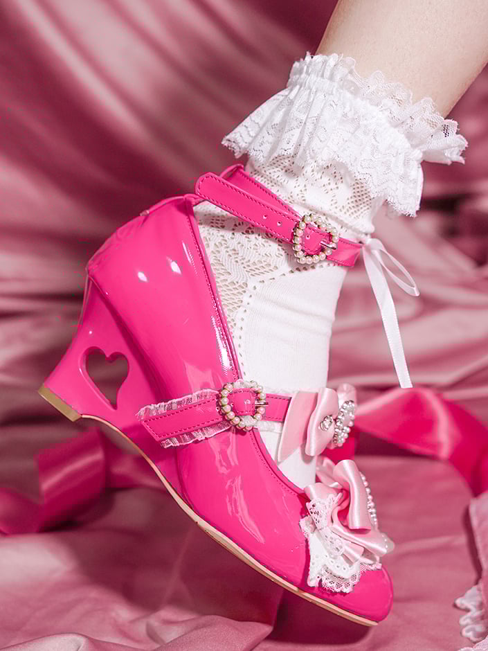 ギャル靴 ジライファッション ケイ バービー ピンクハート ウェッジヒール ジェーンズ カットアウト メアリー