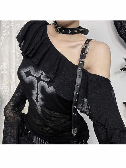 Strap Trim Print with Gothic Cross PU Top Neck Ruffle Halloween Asymmetrical Black