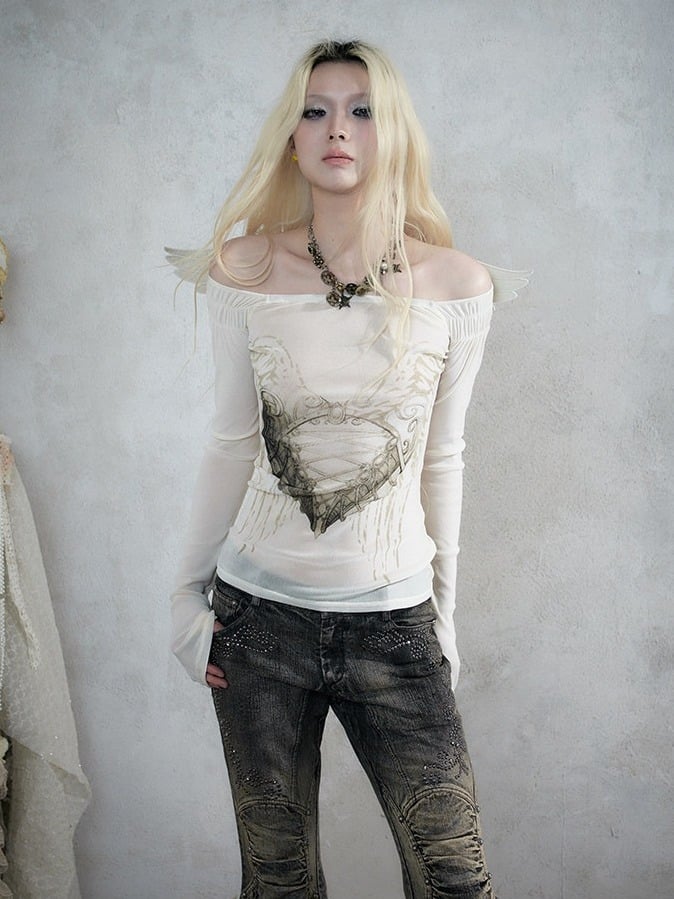 Off-White Heart Print Off-Shoulder Long Sleeve Flocked Knit Top with Back Cutout & Wing Decoration - NO ROMANCE