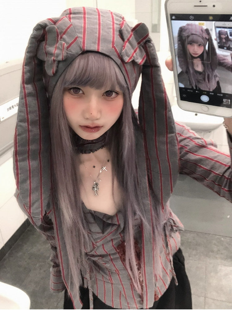 Red Chin Striped Strap Hat Ear Bunny with Grey