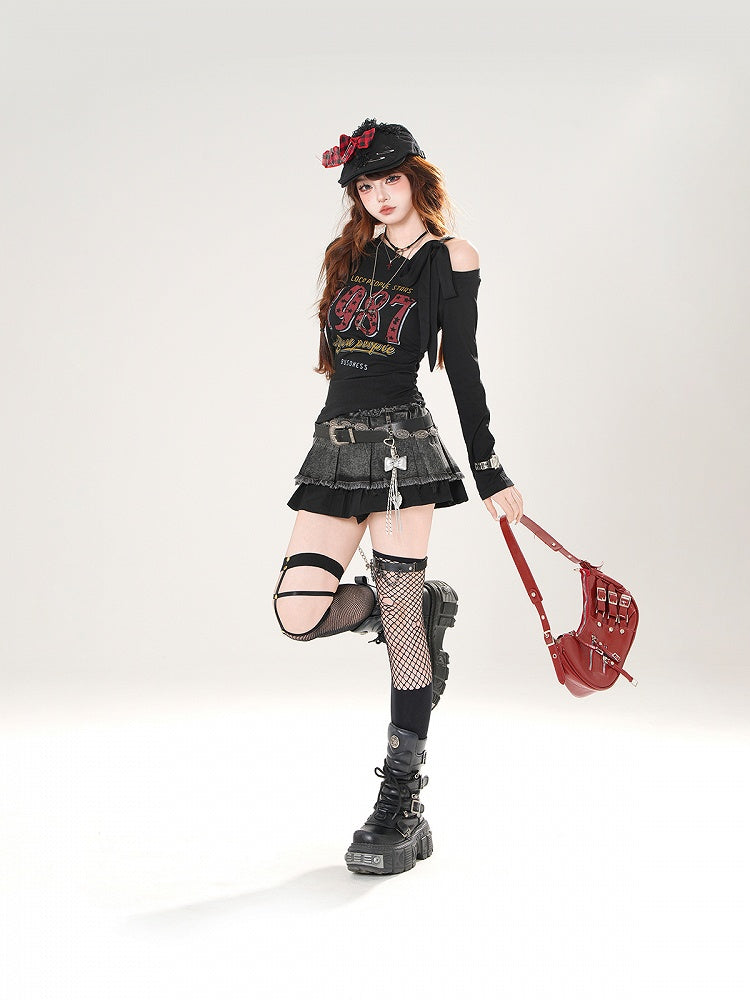 ヴィンテージナンバープリント ブルー/ホワイト/ブラック アシンメトリーネックライン トップス