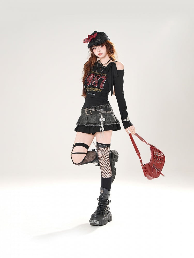 アシンメトリーネックライントップス ヴィンテージナンバープリント ブルー/ホワイト/ブラック