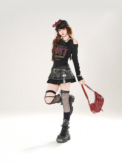 アシンメトリーネックライントップス ヴィンテージナンバープリント ブルー/ホワイト/ブラック