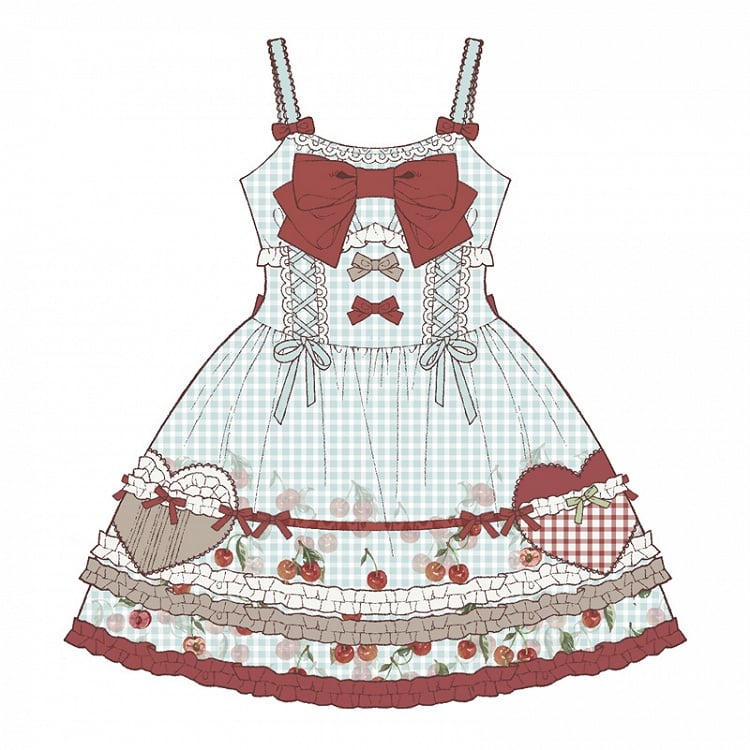 Kirschkleid Print Blau Lolita Süßer Pullover Rock Rot Gingham
