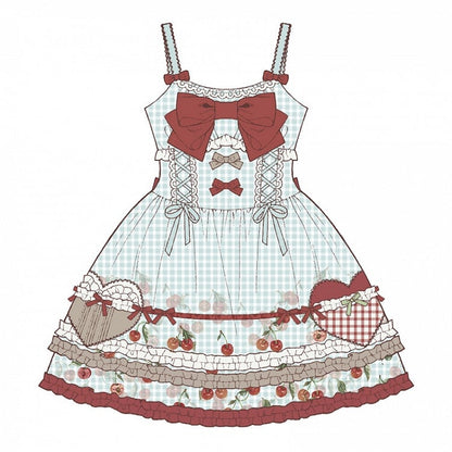 Kirschkleid Print Blau Lolita Süßer Pullover Rock Rot Gingham