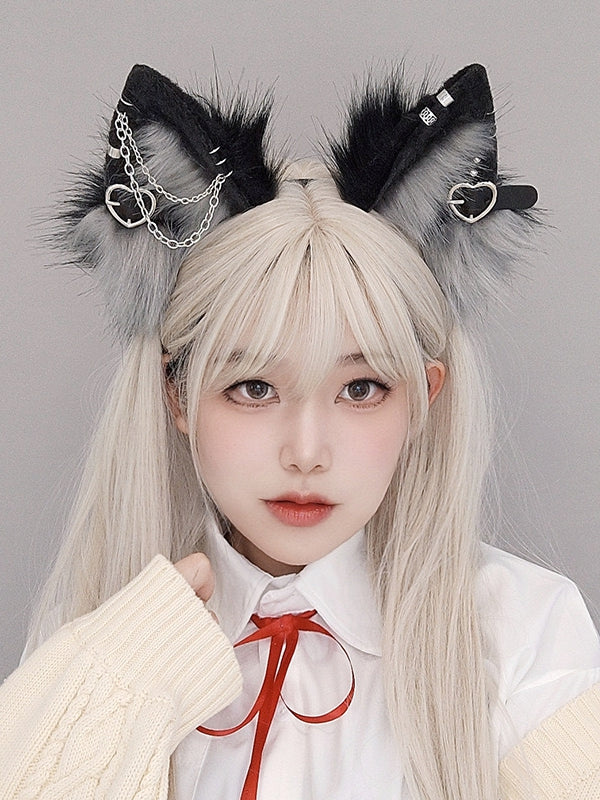 Lolita Shaggy Details BlackWhite/Gray/Red Punk Buckle Heart