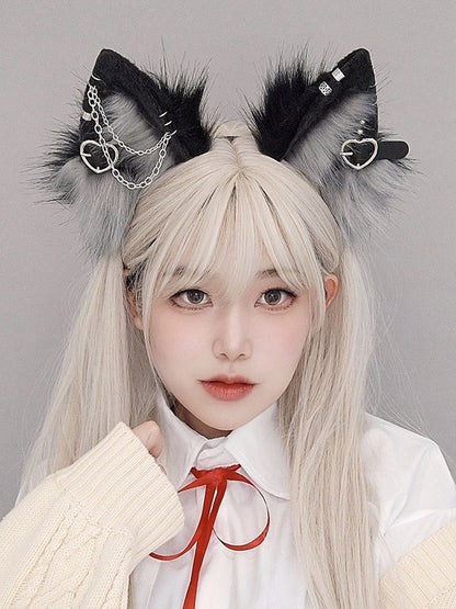 Lolita Shaggy Details BlackWhite/Gray/Red Punk Buckle Heart