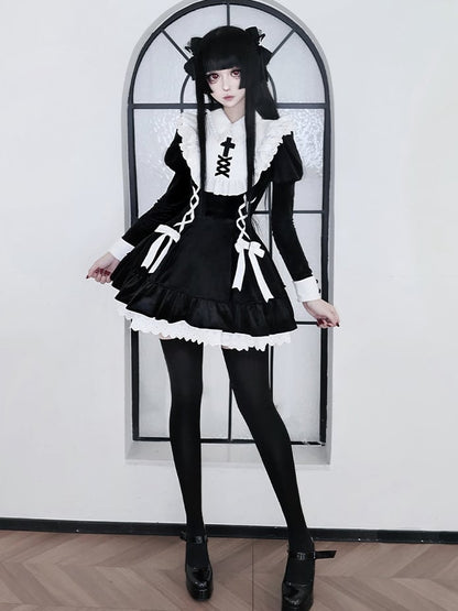 Lolita Bow and Juliette with Sleeves Gothic Lacing Dress Accents Black