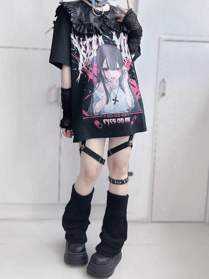 Jirai Kei Schwarzes Anime-Mädchen Yami Kawaii T-Shirt mit falschem Kragen-Set