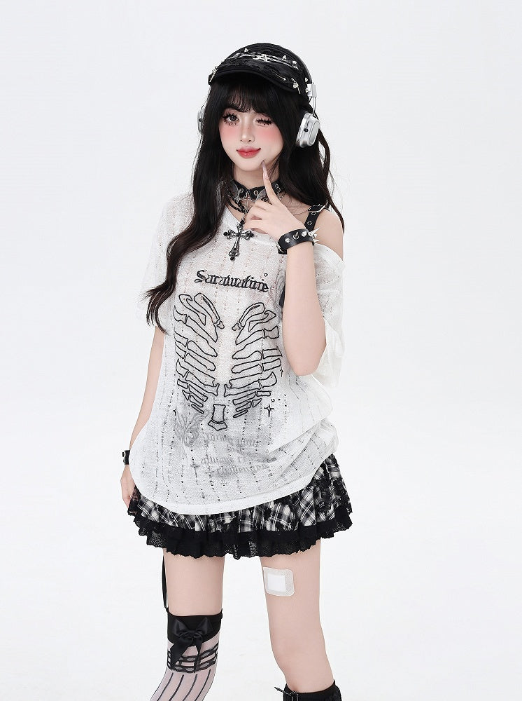 Y2K アシンメトリーネックライン スケルトン ハートプリント ブラック/グレー/ホワイト Tシャツ