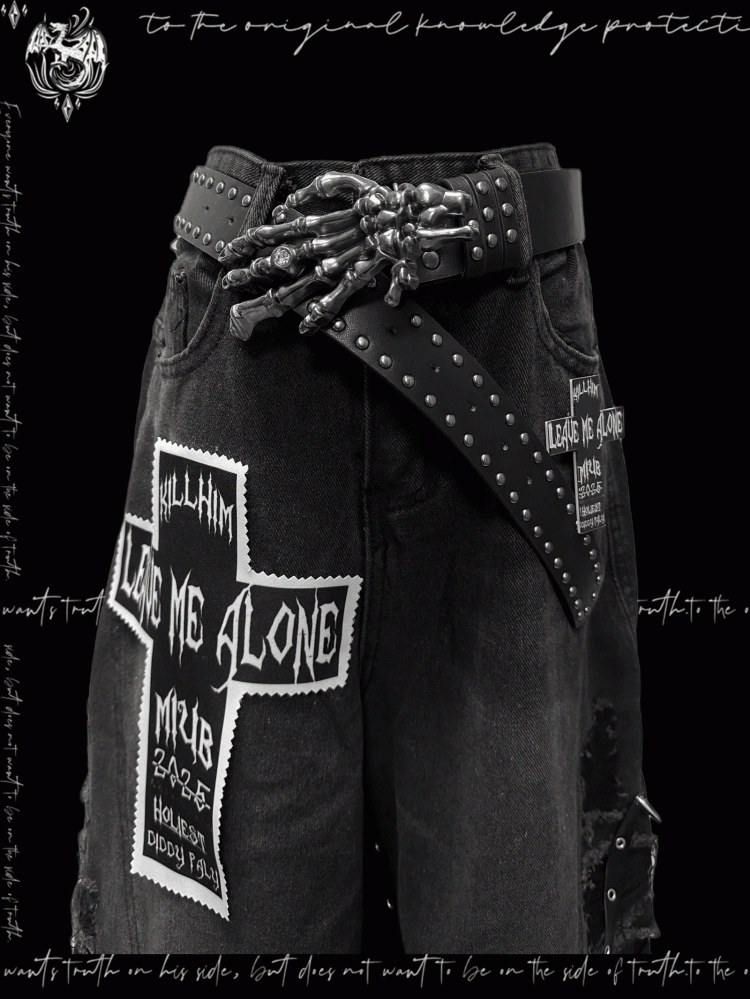 Y2K Cut Jeans Wide-leg Rock Punk Dark Gray Cross Applique Distressed Holes