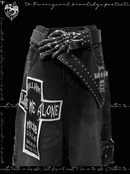 Y2K Cut Jeans Wide-leg Rock Punk Dark Gray Cross Applique Distressed Holes