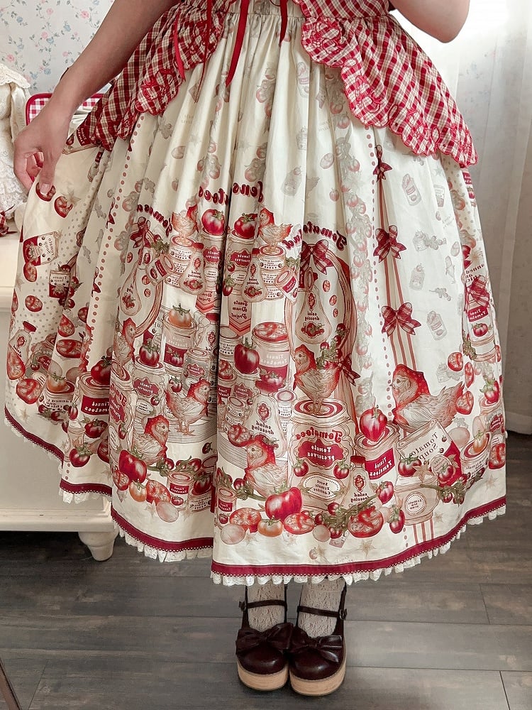 Rotes Country Lolita-Kurzkleid mit karierten Ärmeln und Muster und Aufdruck „Dosentomatoes“