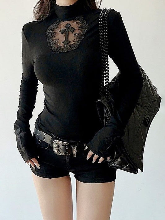 Top Cross Gothic Applique Long with Cutout Tulle Hexagon Halloween Charm Sleeve Black