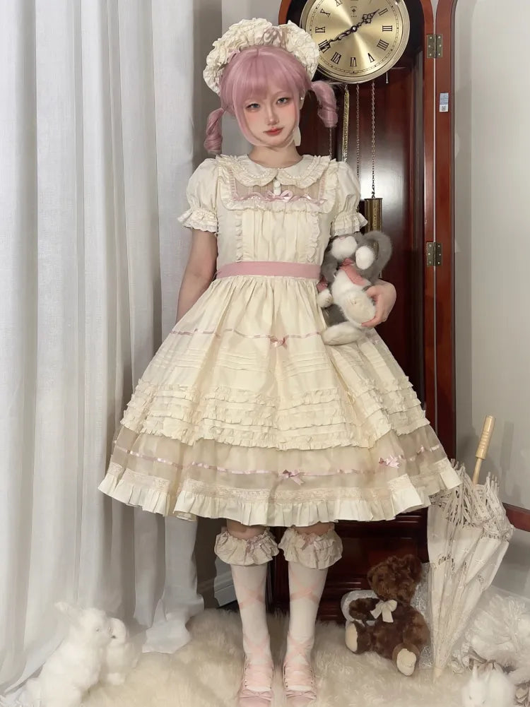 Lolita Pink Beige Peter Kleid Baumwolle Schleife und Kragen Akzente Pan