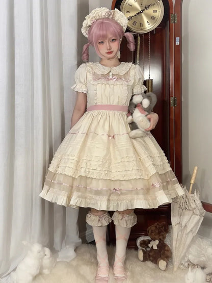 Lolita Pink Beige Peter Kleid Baumwolle Schleife und Kragen Akzente Pan