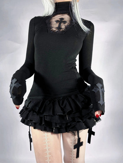Gothic Black Cross Charms Tiered Ruffles Tulle Skort