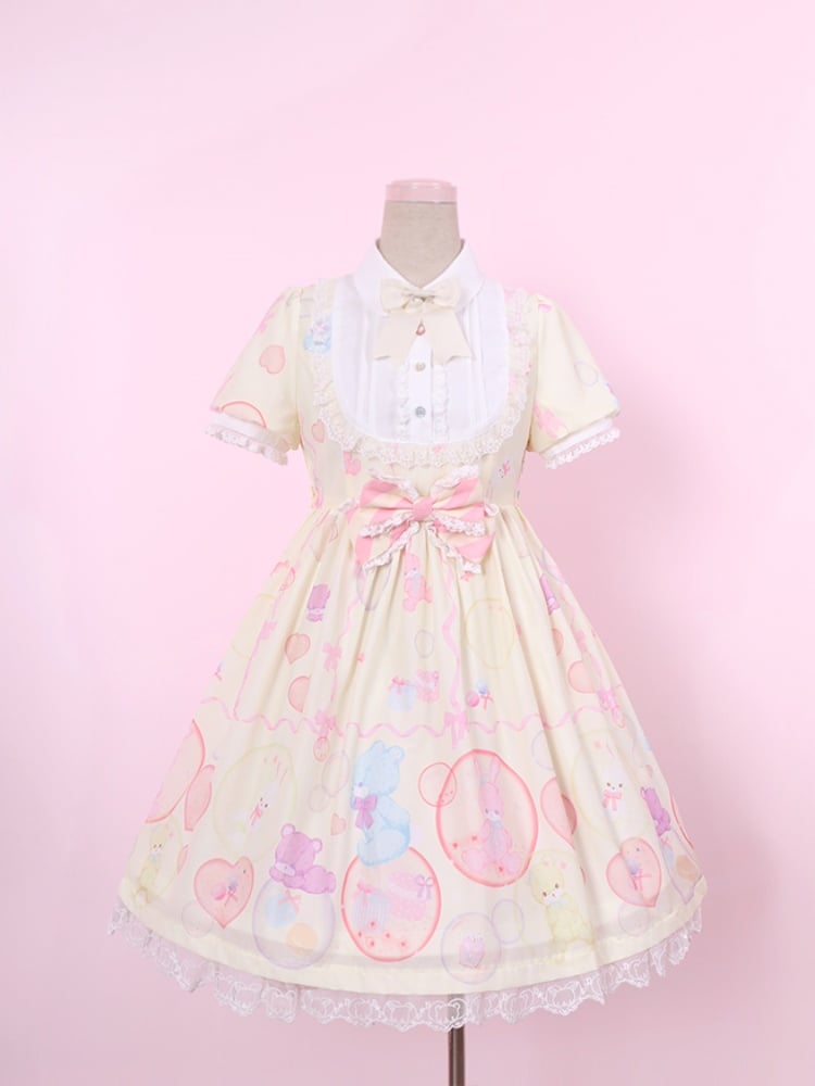 Bubble Zoo Gelbes Stück Ein Details Süßes Lolita-Kleid mit Schleife aus Chiffon