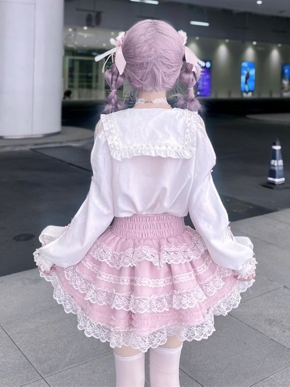 Landmine-Style Beaded Sailor-Collar Blouse, Bow & Lace, White Pink - Puppet Bombs