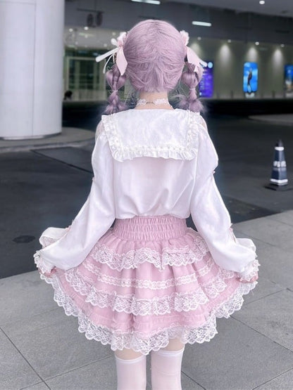 Landmine-Style Beaded Sailor-Collar Blouse, Bow & Lace, White Pink - Puppet Bombs