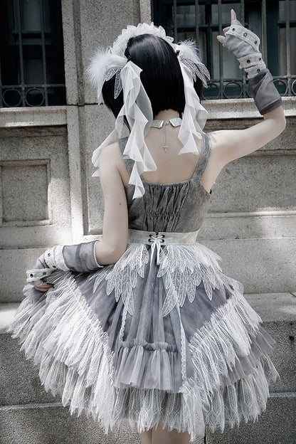 Dress Skirt Panel Buckle Gray Feather Shoulder Lolita Lace Gothic Straps
