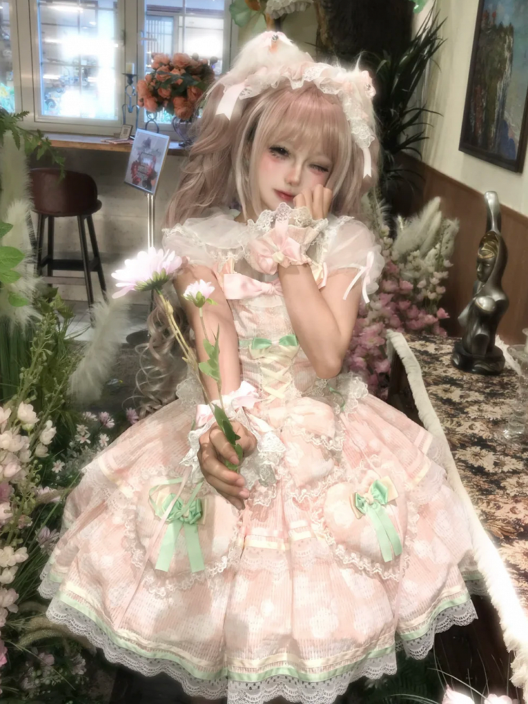 Fabric and Jumper Skirt Heart Rosette Lolita Pink Padded Bow Decoration